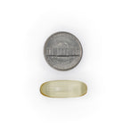 Vitamin E 1000 IU softgel shown next to a coin for size comparison.