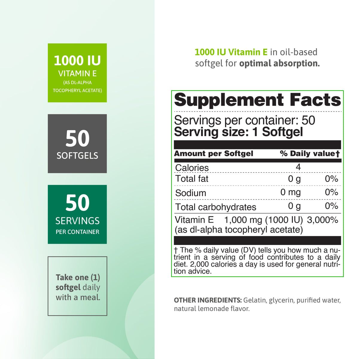 Supplement facts for Vitamin E 1000 IU oil-based softgels with 50 servings per container.