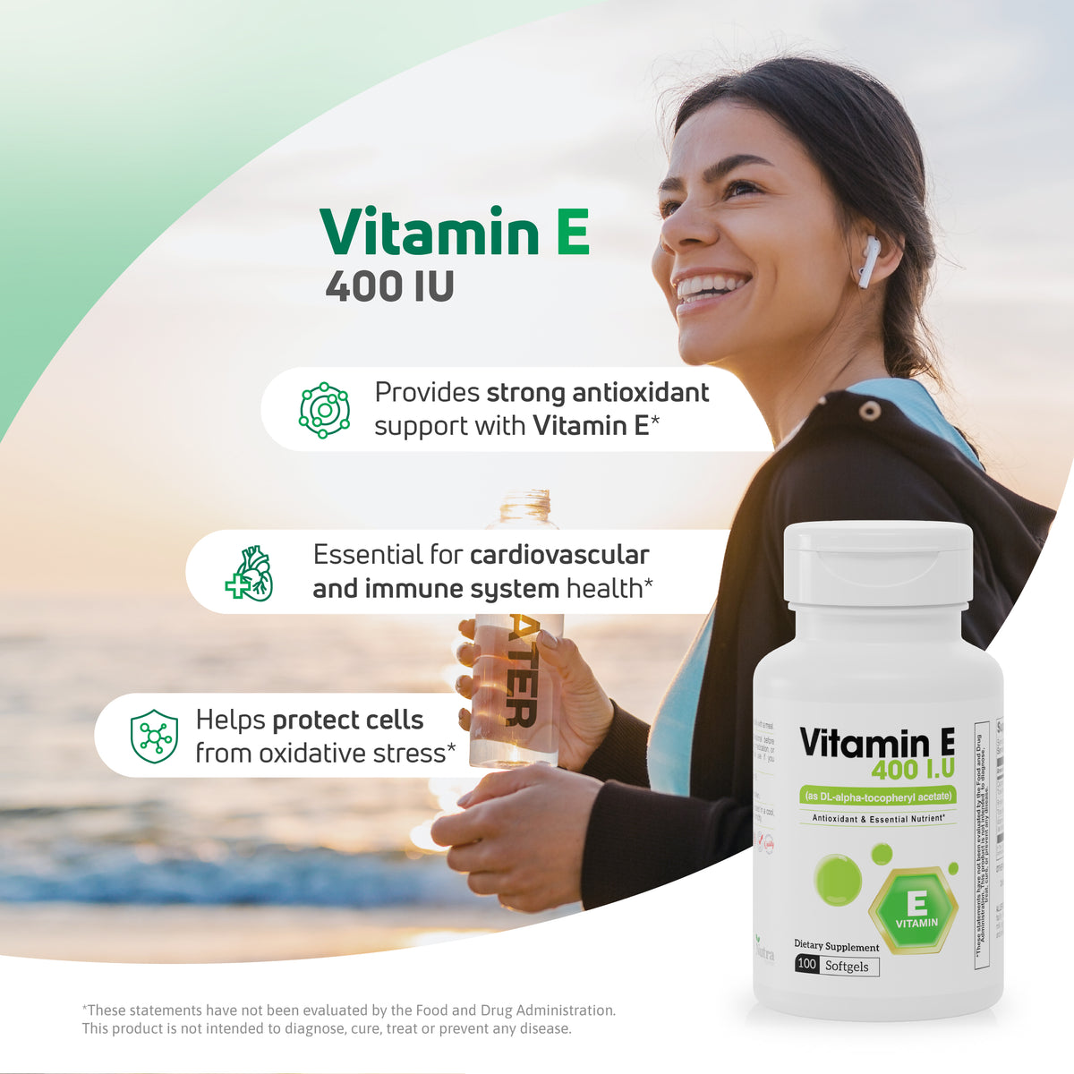 Woman outdoors with Vitamin E 400 IU softgels for antioxidant and immune system support.