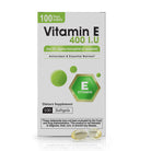Vitamin E 400 IU supplement box with 100 softgels and antioxidant nutrient label.