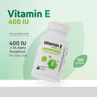 Vitamin E 400 IU supplement with DL-alpha tocopherol in a 100 softgel bottle for daily antioxidant support
