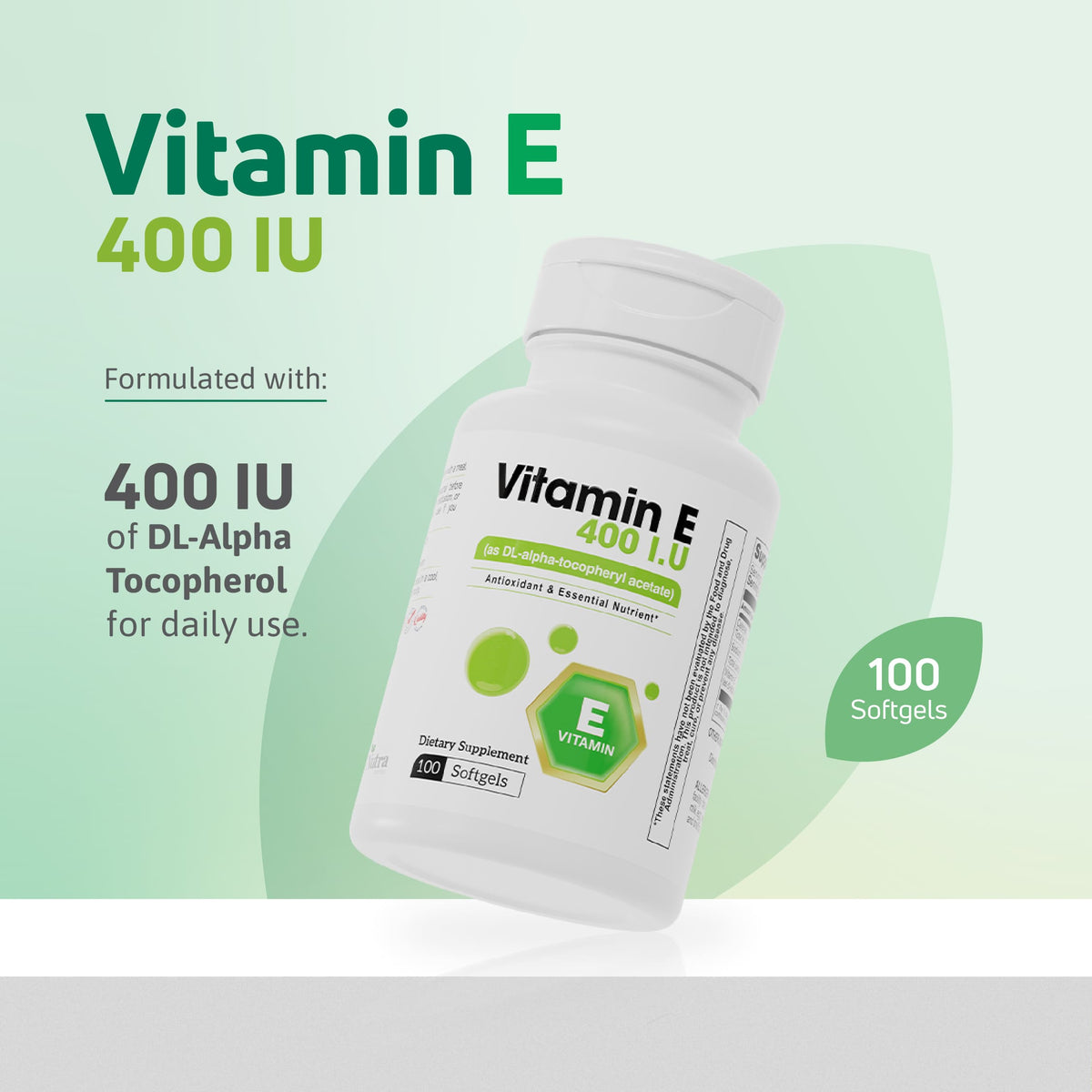 Vitamin E 400 IU supplement with DL-alpha tocopherol in a 100 softgel bottle for daily antioxidant support