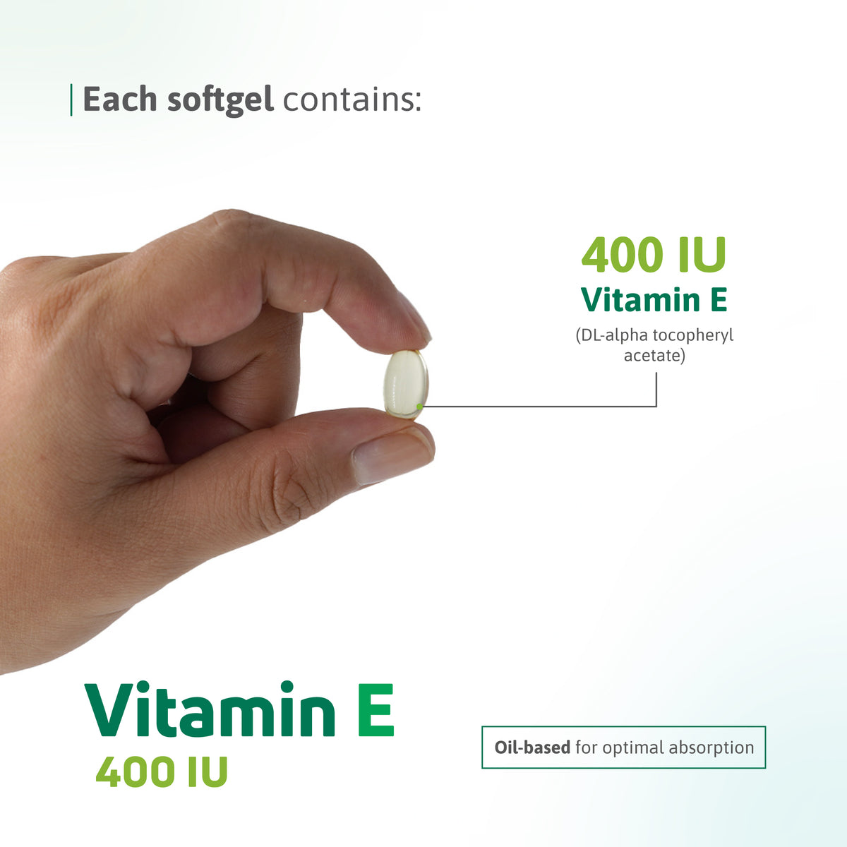 Hand holding Vitamin E 400 IU oil-based softgel with DL-alpha tocopheryl acetate information.