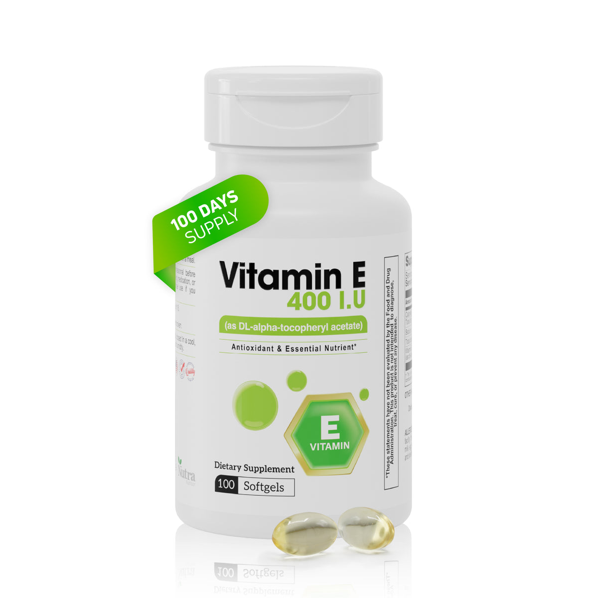 Vitamin E 400 IU supplement bottle with 100 softgels and oil-based softgels displayed.